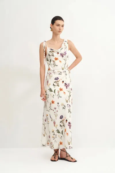 Fabrique Alice Asymmetrical Draped Flora Dress In Matte Silk Crepe In Multi
