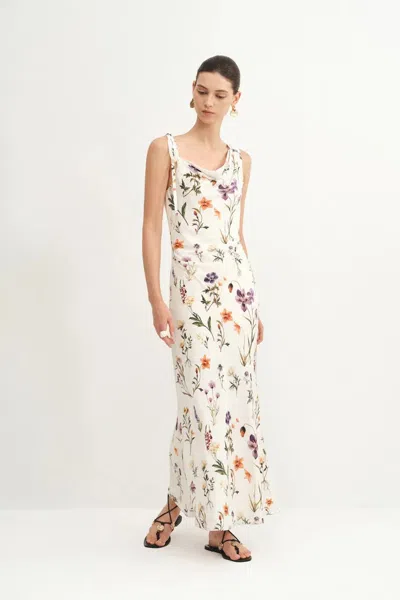 Fabrique Alice Asymmetrical Draped Flora Dress In Matte Silk Crepe In Multi