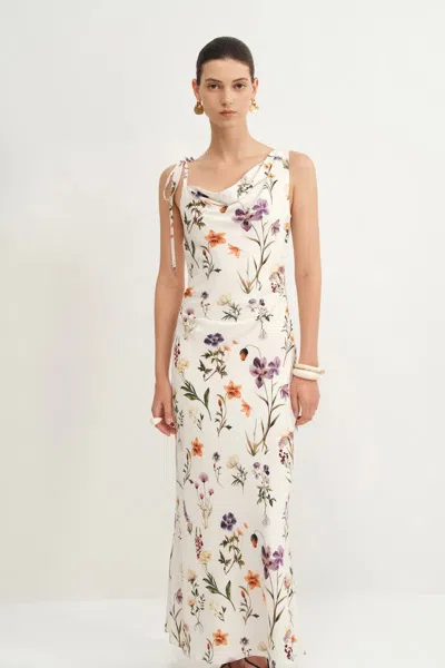 Fabrique Alice Asymmetrical Draped Flora Dress In Matte Silk Crepe In Multi
