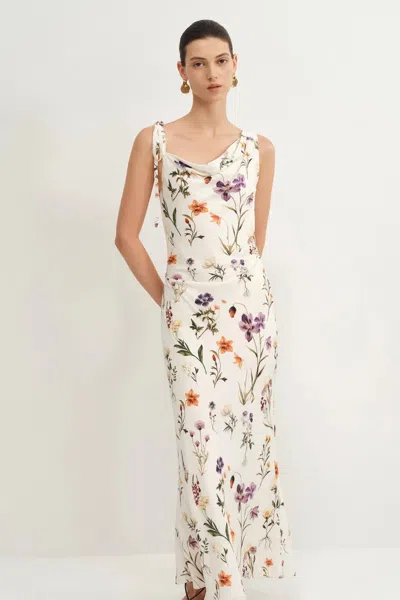 Fabrique Alice Asymmetrical Draped Flora Dress In Matte Silk Crepe In Multi
