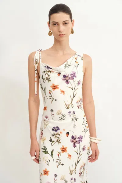 Fabrique Alice Asymmetrical Draped Flora Dress In Matte Silk Crepe In Multi
