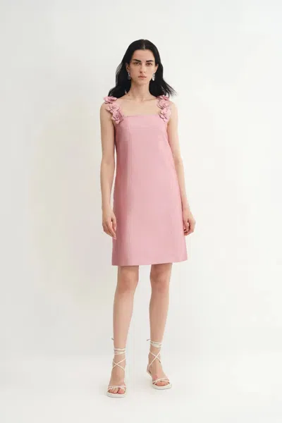 Fabrique Katia 3d Handcrafted Flower Strap Dress In Silk-wool Satin In Pink