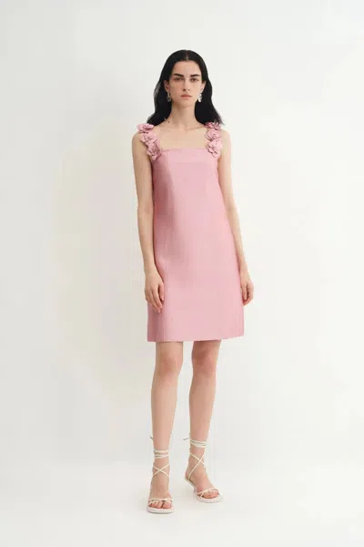 Fabrique Katia 3d Handcrafted Flower Strap Dress In Silk-wool Satin In Pink