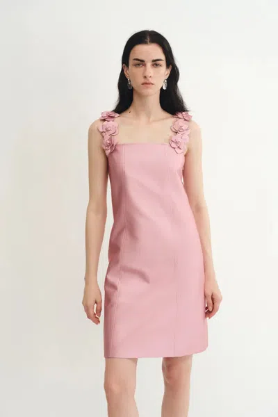 Fabrique Katia 3d Handcrafted Flower Strap Dress In Silk-wool Satin In Pink