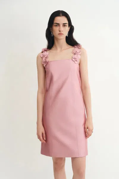 Fabrique Katia 3d Handcrafted Flower Strap Dress In Silk-wool Satin In Pink