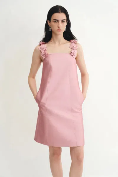 Fabrique Katia 3d Handcrafted Flower Strap Dress In Silk-wool Satin In Pink