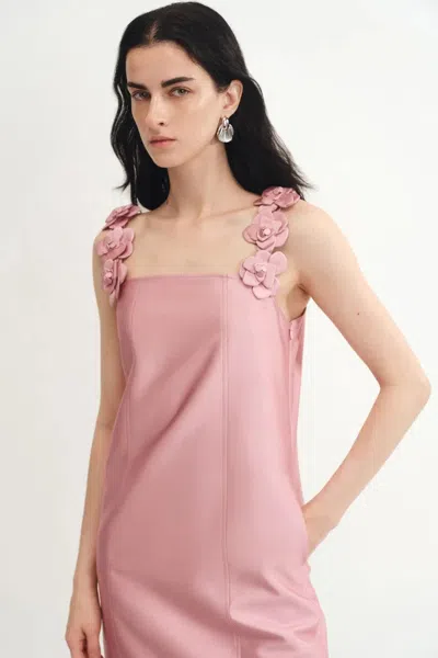 Fabrique Katia 3d Handcrafted Flower Strap Dress In Silk-wool Satin In Pink