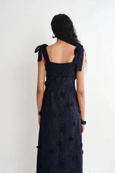 Fabrique Elise 3d Flora Applique Dress In Eyelet Embroidered Cotton In Blue