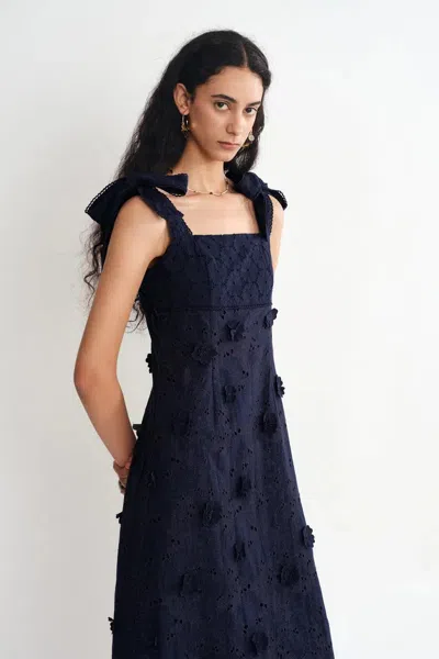 Fabrique Elise 3d Flora Applique Dress In Eyelet Embroidered Cotton In Blue
