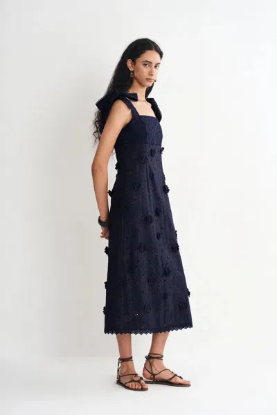 Fabrique Elise 3d Flora Applique Dress In Eyelet Embroidered Cotton In Blue