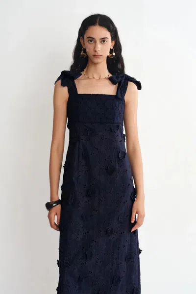 Fabrique Elise 3d Flora Applique Dress In Eyelet Embroidered Cotton In Blue