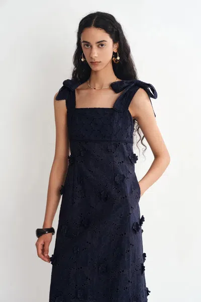 Fabrique Elise 3d Flora Applique Dress In Eyelet Embroidered Cotton In Blue