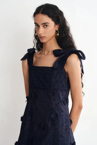 Fabrique Elise 3d Flora Applique Dress In Eyelet Embroidered Cotton In Blue