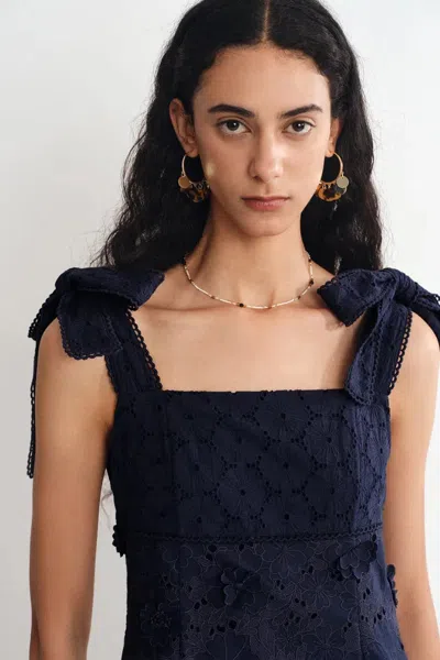 Fabrique Elise 3d Flora Applique Dress In Eyelet Embroidered Cotton In Blue