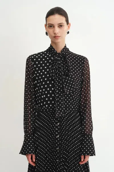 Fabrique Ellie Polka Dot Dress In Chiffon In Black