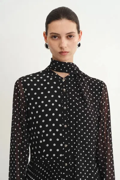 Fabrique Ellie Polka Dot Dress In Chiffon In Black