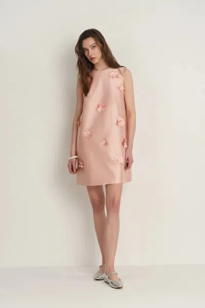 Fabrique Luminere Beaded Floral Applique Sleeveless Short Dress In Silk-wool Satin In Pink