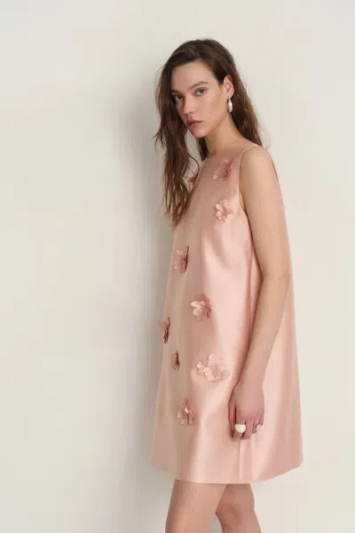 Fabrique Luminere Beaded Floral Applique Sleeveless Short Dress In Silk-wool Satin In Pink