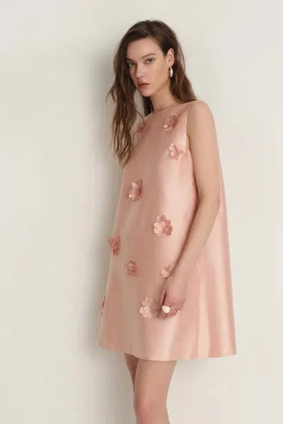 Fabrique Luminere Beaded Floral Applique Sleeveless Short Dress In Silk-wool Satin In Pink