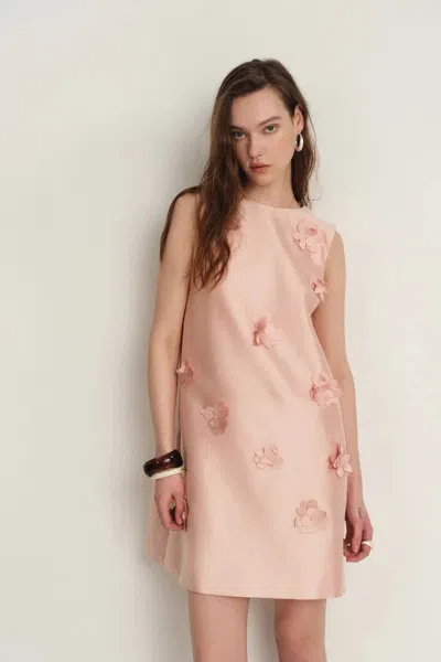 Fabrique Luminere Beaded Floral Applique Sleeveless Short Dress In Silk-wool Satin In Pink