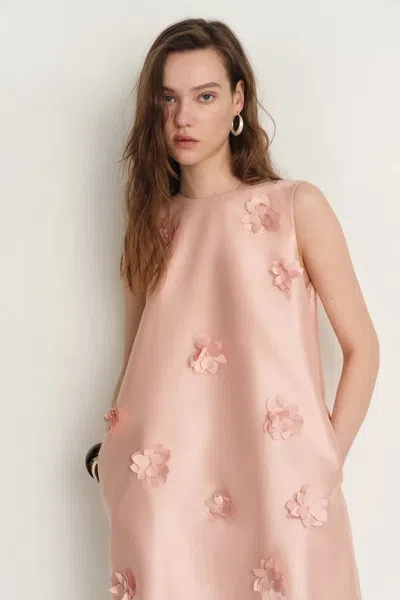 Fabrique Luminere Beaded Floral Applique Sleeveless Short Dress In Silk-wool Satin In Pink