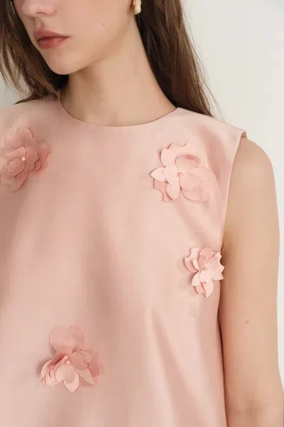Fabrique Luminere Beaded Floral Applique Sleeveless Short Dress In Silk-wool Satin In Pink