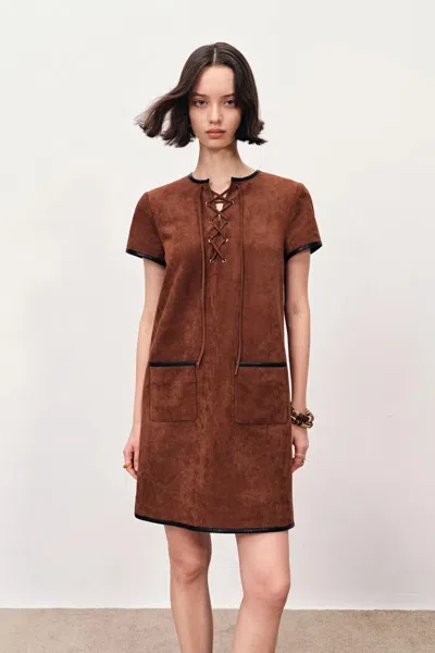 Fabrique Nevaeh Hand Applied Contrast Leather Trim Short Dress In Ultrasuede In Brown