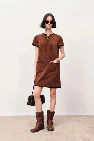 Fabrique Nevaeh Hand Applied Contrast Leather Trim Short Dress In Ultrasuede In Brown