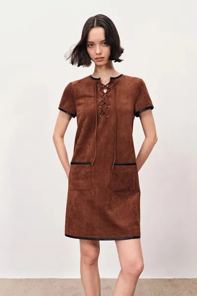Fabrique Nevaeh Hand Applied Contrast Leather Trim Short Dress In Ultrasuede In Brown
