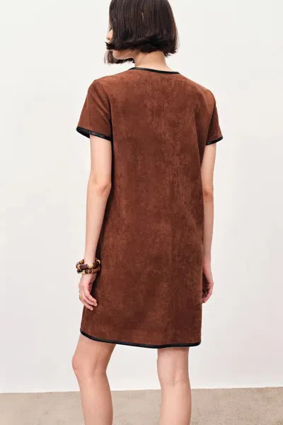 Fabrique Nevaeh Hand Applied Contrast Leather Trim Short Dress In Ultrasuede In Brown
