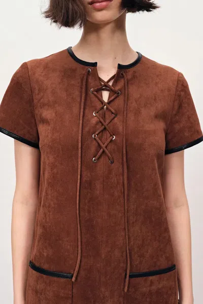 Fabrique Nevaeh Hand Applied Contrast Leather Trim Short Dress In Ultrasuede In Brown