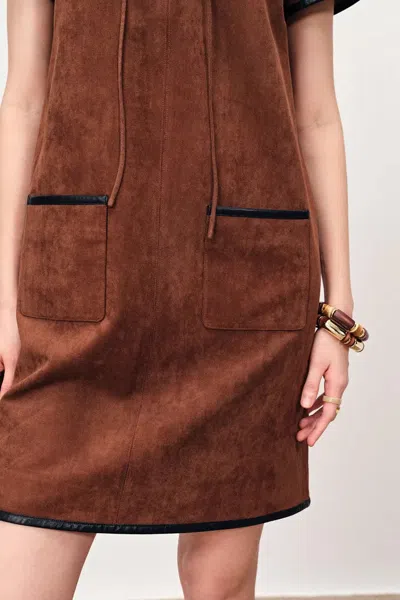 Fabrique Nevaeh Hand Applied Contrast Leather Trim Short Dress In Ultrasuede In Brown