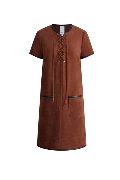 Fabrique Nevaeh Hand Applied Contrast Leather Trim Short Dress In Ultrasuede In Brown