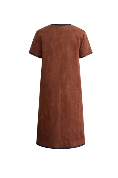 Fabrique Nevaeh Hand Applied Contrast Leather Trim Short Dress In Ultrasuede In Brown