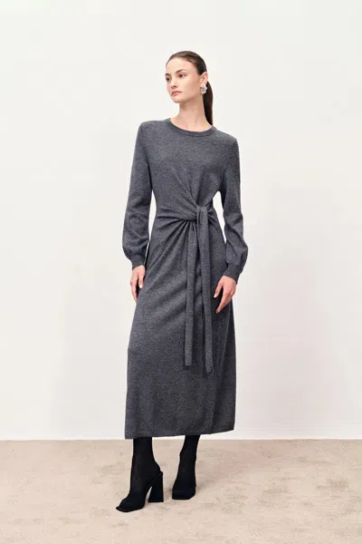 Fabrique Nora Asymmetric Knotted Maxi Dress In Merino Wool Knit In Gray