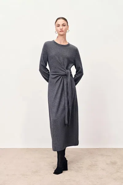 Fabrique Nora Asymmetric Knotted Maxi Dress In Merino Wool Knit In Gray