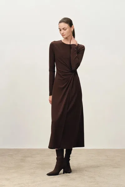 Fabrique Grace Twisted Drape Long Sleeve Maxi Dress In Tencel-wool Knit In Brown