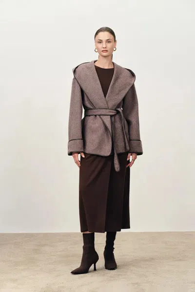Fabrique Grace Twisted Drape Long Sleeve Maxi Dress In Tencel-wool Knit In Brown