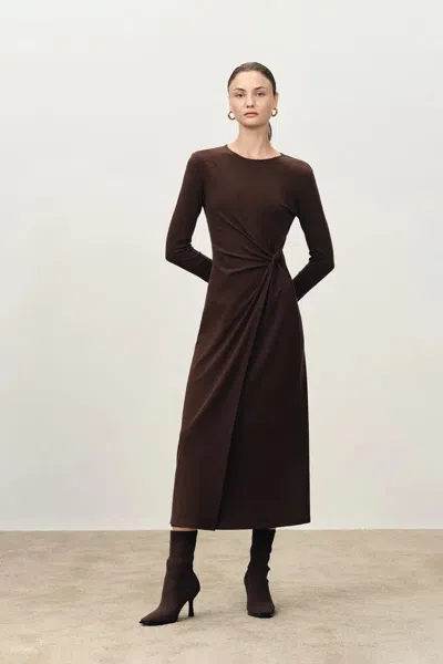 Fabrique Grace Twisted Drape Long Sleeve Maxi Dress In Tencel-wool Knit In Brown