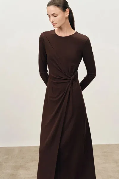 Fabrique Grace Twisted Drape Long Sleeve Maxi Dress In Tencel-wool Knit In Brown