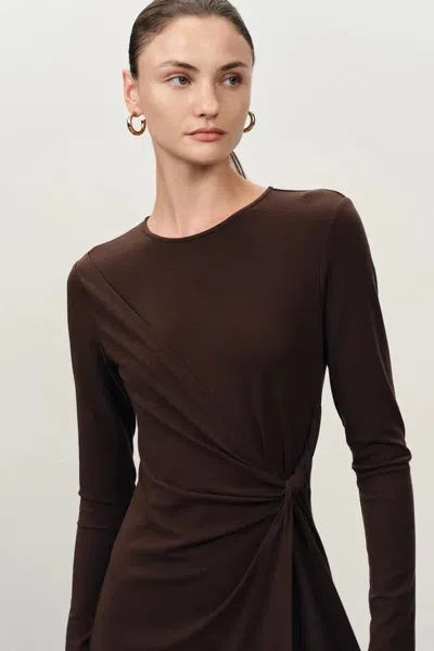Fabrique Grace Twisted Drape Long Sleeve Maxi Dress In Tencel-wool Knit In Brown