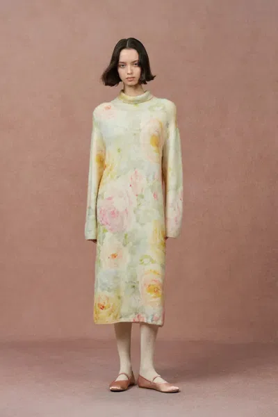 Fabrique Floral Hand Painted Flora Long Sleeve Dress In Merino Alpaca Blend Knit In Multi