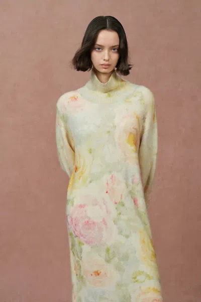 Fabrique Floral Hand Painted Flora Long Sleeve Dress In Merino Alpaca Blend Knit In Multi