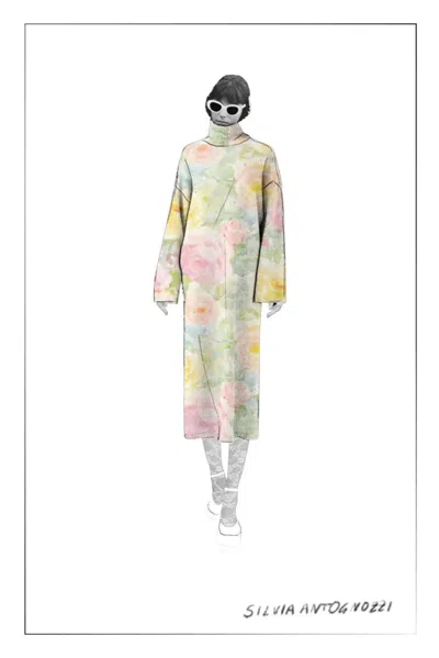 Fabrique Floral Hand Painted Flora Long Sleeve Dress In Merino Alpaca Blend Knit In Multi