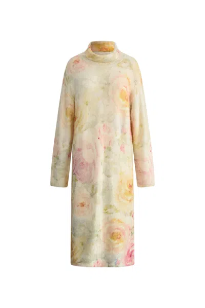 Fabrique Floral Hand Painted Flora Long Sleeve Dress In Merino Alpaca Blend Knit In Multi