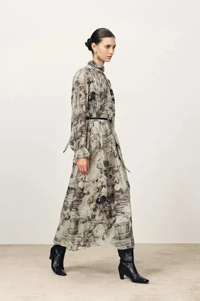 Fabrique Eira Ribbon Long Sleeve Print Dress In Cupro In Multi