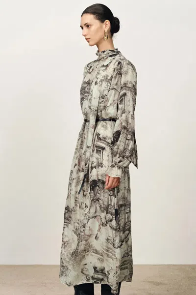 Fabrique Eira Ribbon Long Sleeve Print Dress In Cupro In Multi