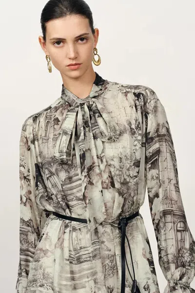 Fabrique Eira Ribbon Long Sleeve Print Dress In Cupro In Multi