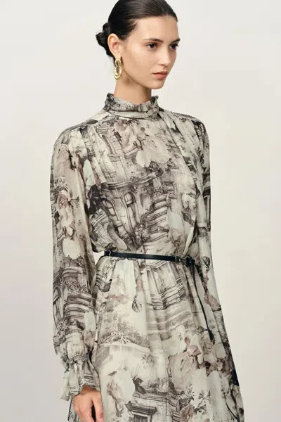 Fabrique Eira Ribbon Long Sleeve Print Dress In Cupro In Multi