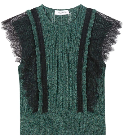 Shop Valentino Cotton Sweater With Lace In Green
